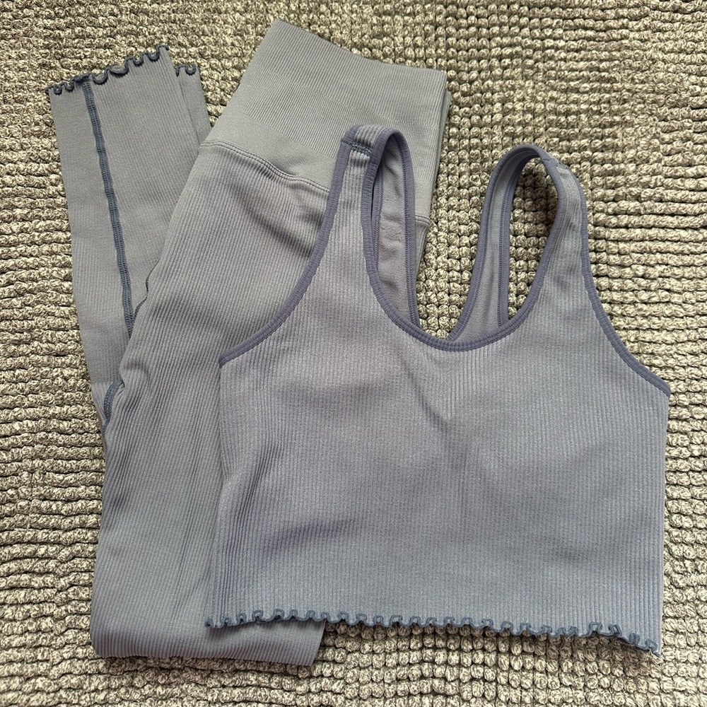 Spiritual Gangster Baby Blue Sports Bra Top and Leggings with Ruffles Set